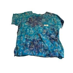 Womens Uniform Scrub Med Blue Seahorse Shells ocean Top Size 6-8 Cotton Nurse